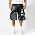 Men's Japanese Harajuku Casual Loose Fit Cartoon Print Pocket Drawstring Shorts