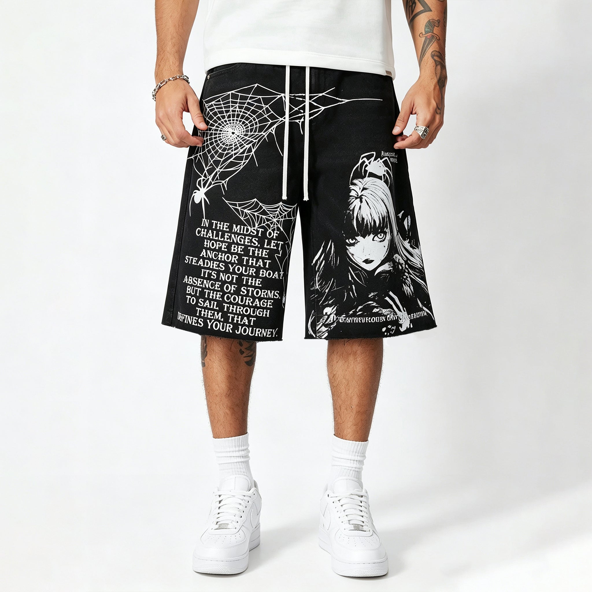 Men's Japanese Harajuku Casual Loose Fit Cartoon Print Pocket Drawstring Shorts