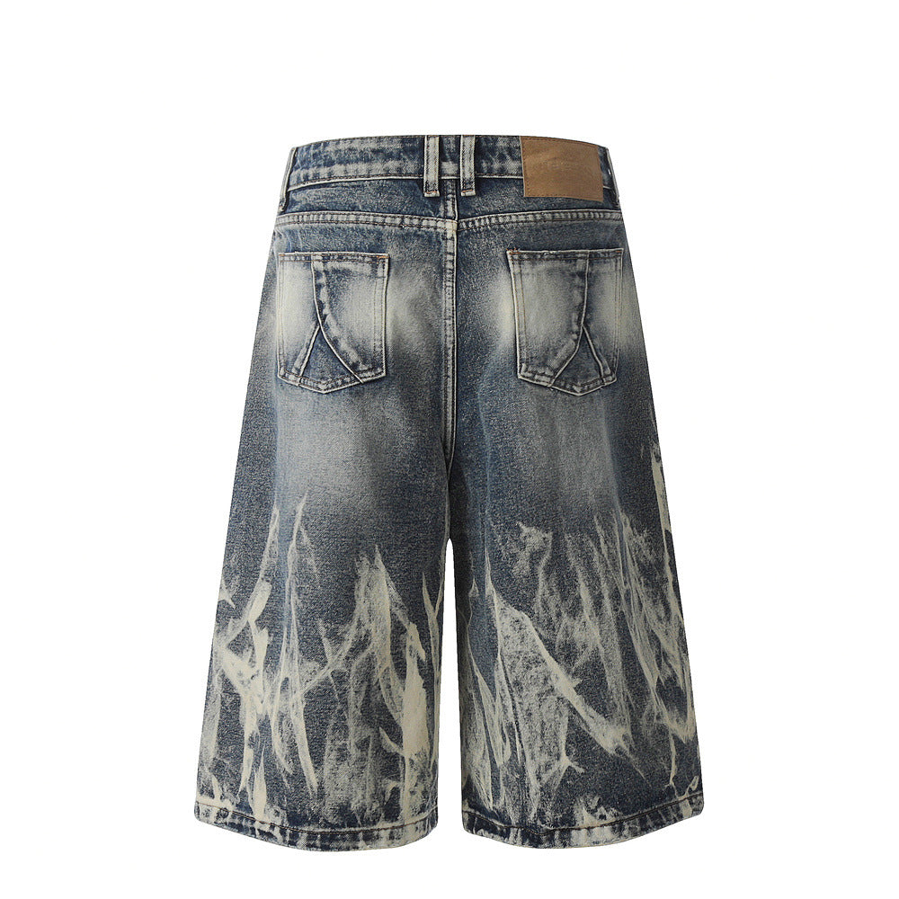 Hip-hop Washed Flame Pattern Loose Denim Shorts
