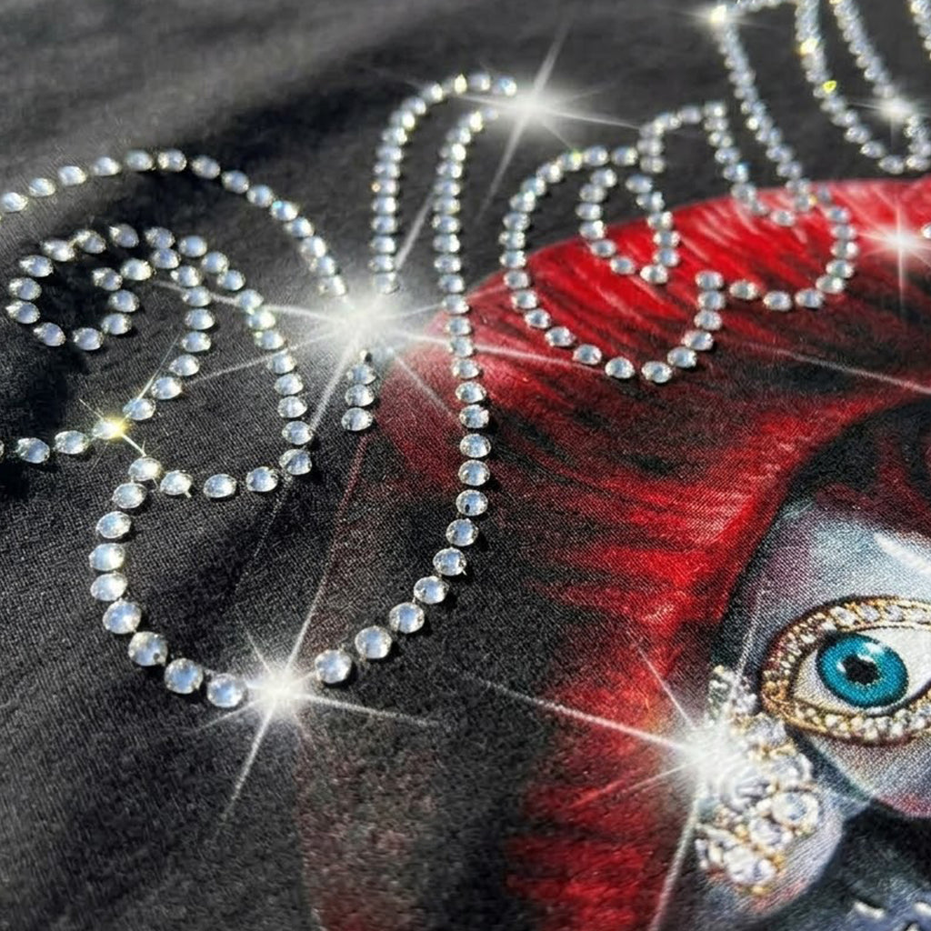 Valley Rhinestone Embellishment Rich Forever Red Lips Graphic Cotton T-shirt