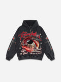 Black No. 8 Cross Vintage Eyes Graphic Washed Oversized Zip Up Hoodie