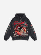 Black No. 8 Cross Vintage Eyes Graphic Washed Oversized Zip Up Hoodie