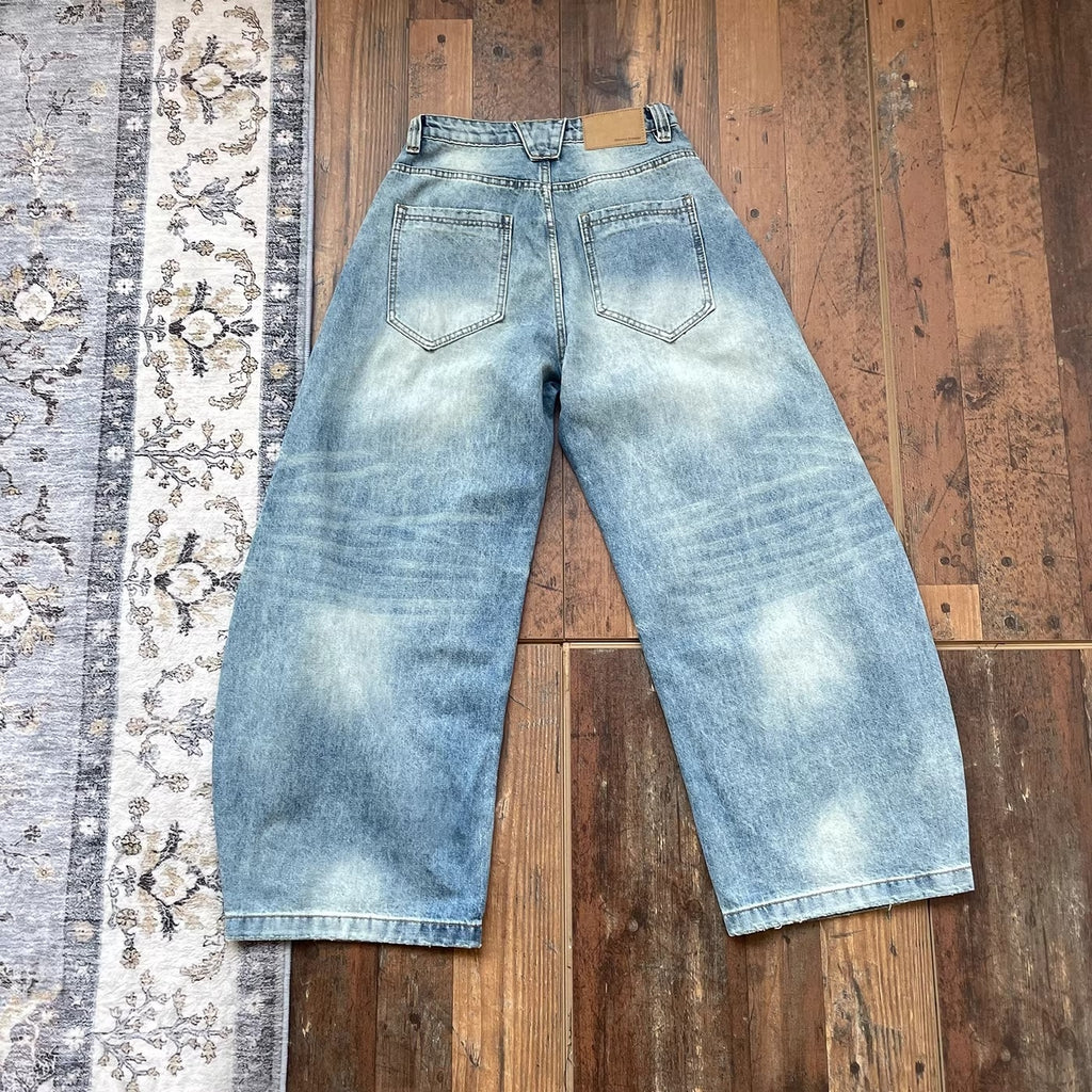 Vintage Metal Buckle Washed Sloping Jeans