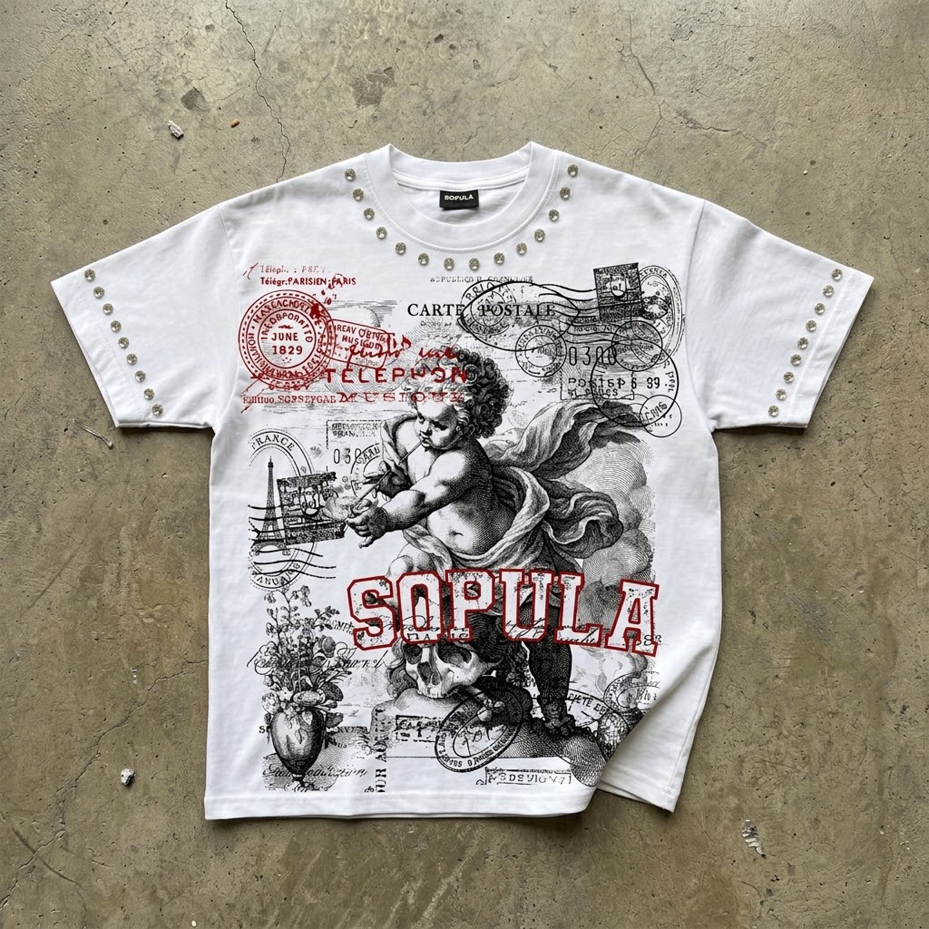 Sopula Angel Stamp Collage Art Graphic T-shirt