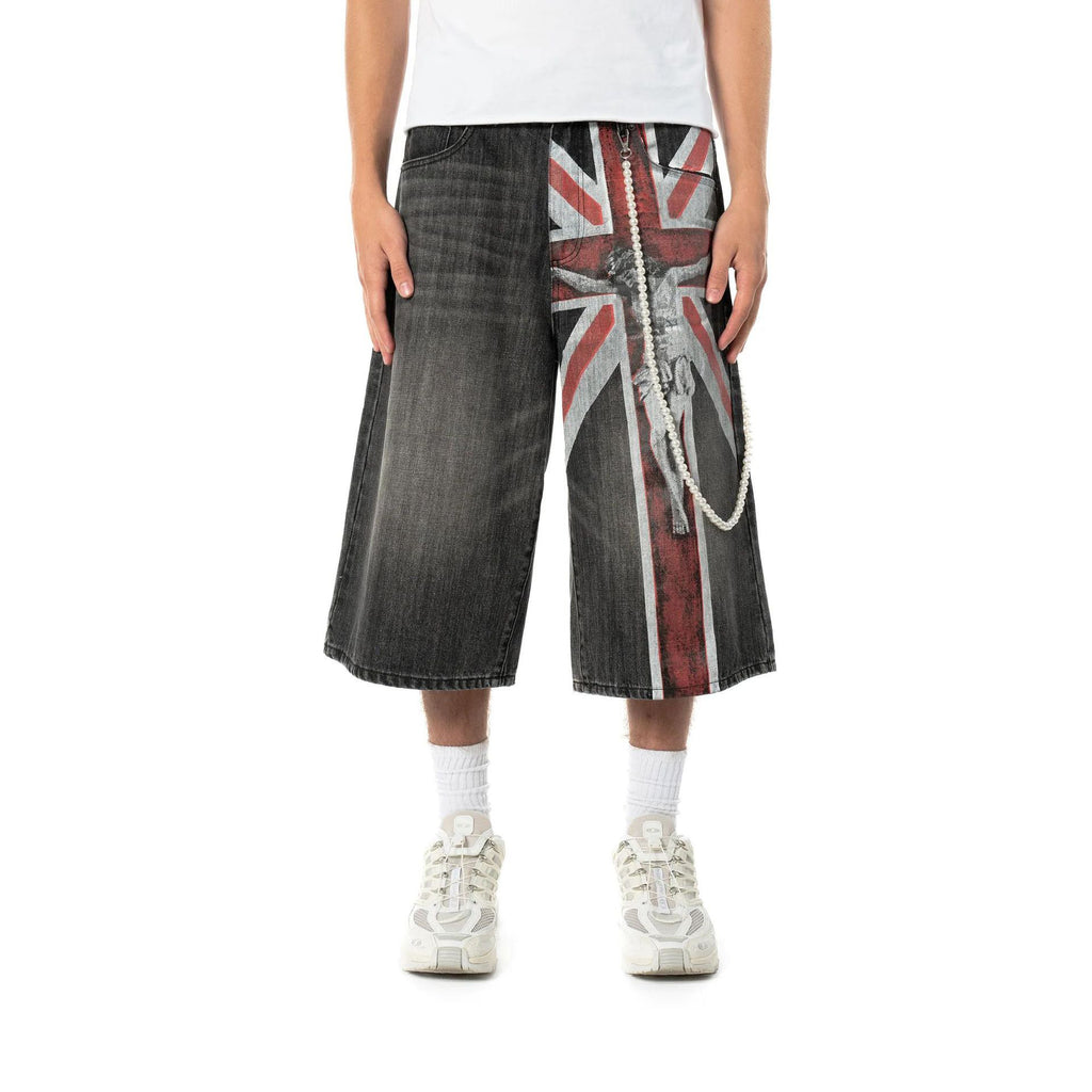 Men's Retro-style Washed Jesus Cross Denim Shorts
