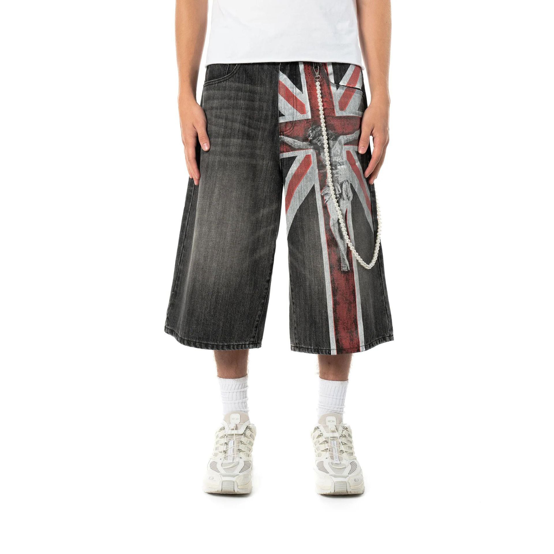 Men's Retro-style Washed Jesus Cross Denim Shorts