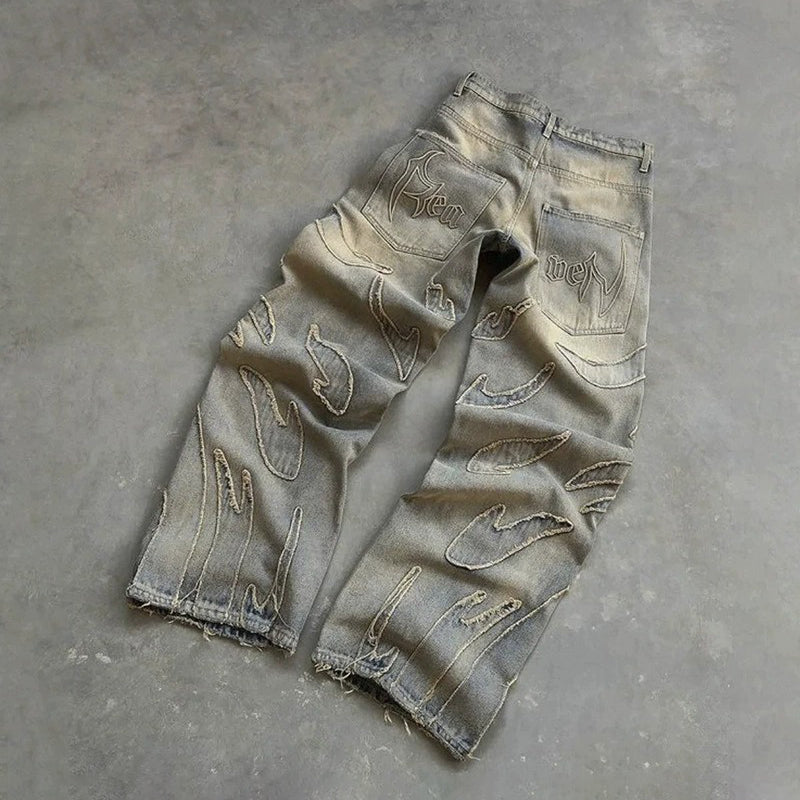 Unisex Flame AppliquÉ Wide-leg Baggy Jeans