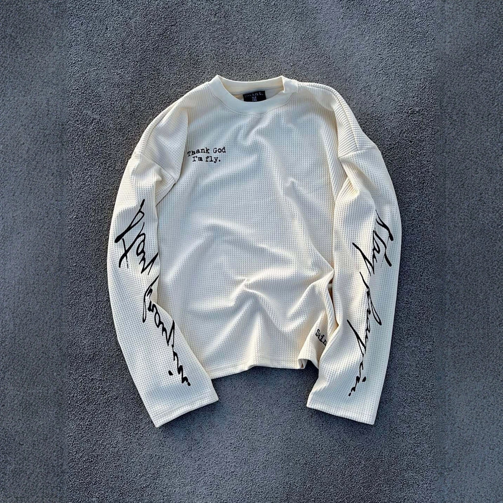 Thank God Y2k Saint Letter Print Waffle Knit Long-sleeve T-shirt