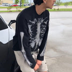 Retro Waffle Skeleton Print Long-sleeved T-shirt