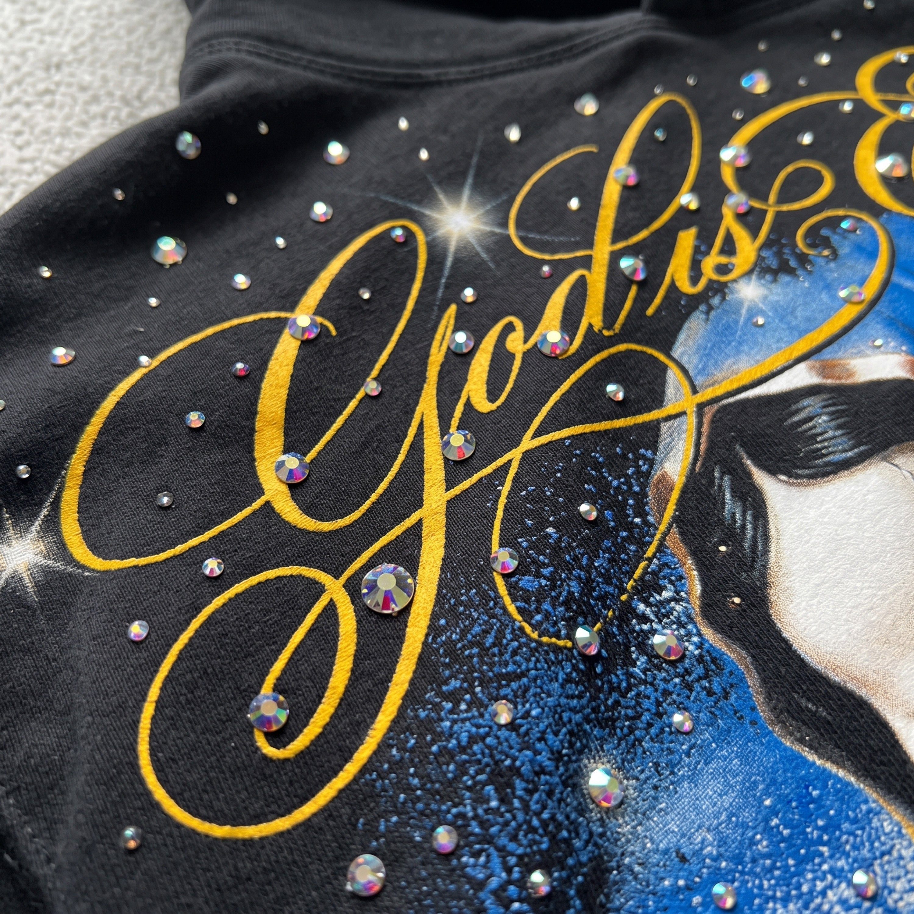 God Is Enough Skeleton Madonna Rhinestone Craft Graphic Cropped Hoodie