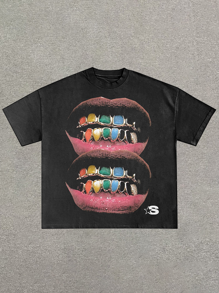 Personalized Loose Lip Print 100% Cotton Short Sleeve T-Shirt