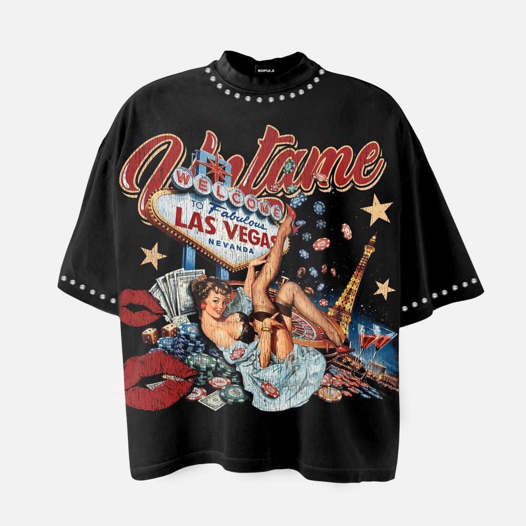 Las Vegas City Of Night Girls Vintage Graphic Rhinestone T-shirt