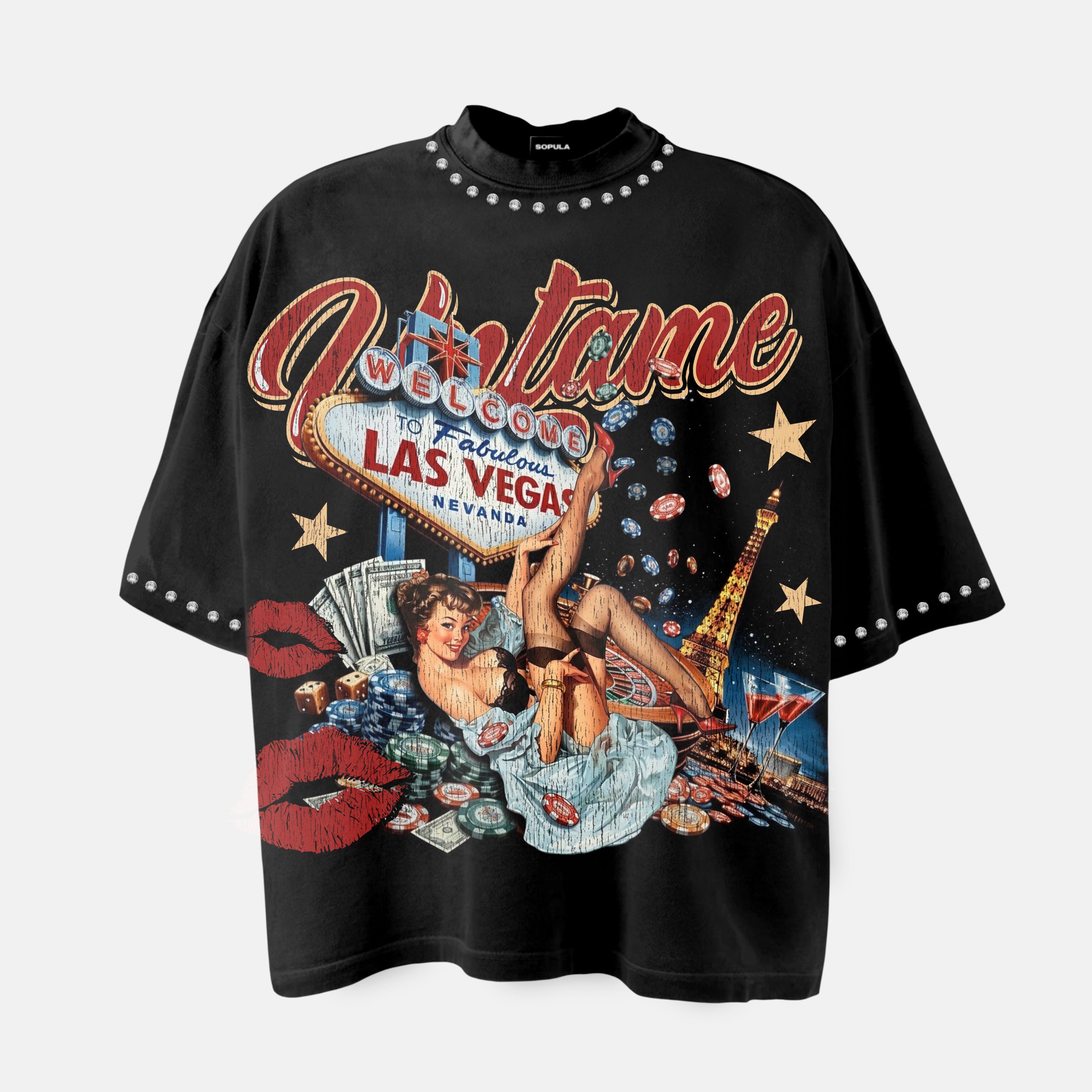 Las Vegas City Of Night Girls Vintage Graphic Rhinestone T-shirt