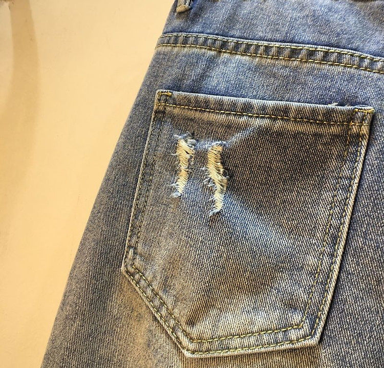 Streetwear Fashion Ripped Crystal Loose Shorts Jorts