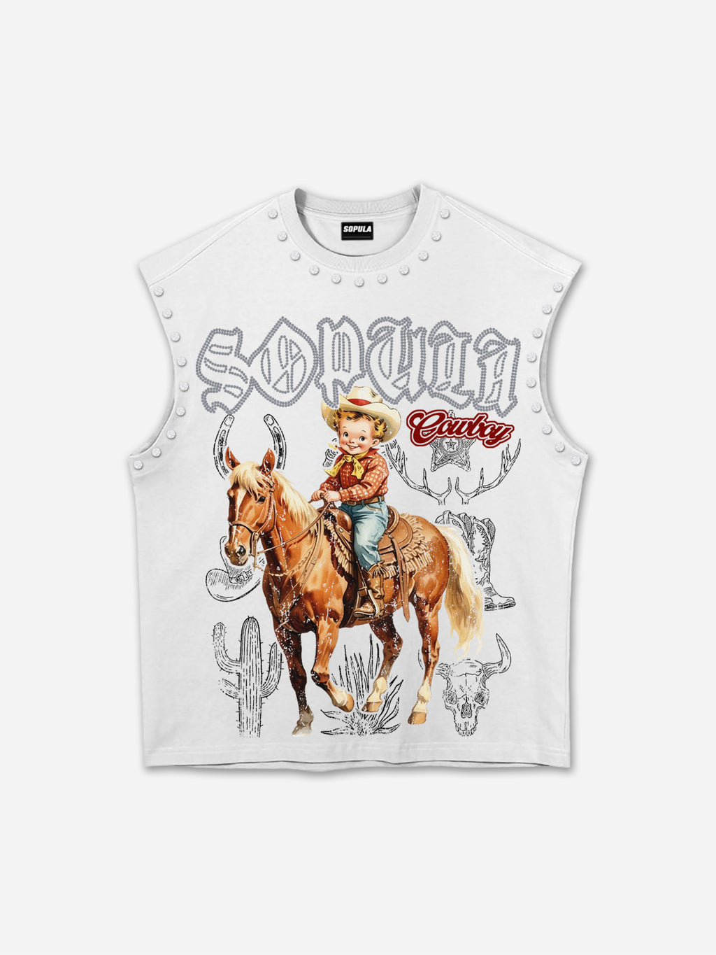 Cowboy Western Elements Retro Graphic Rhinestone Tank Top
