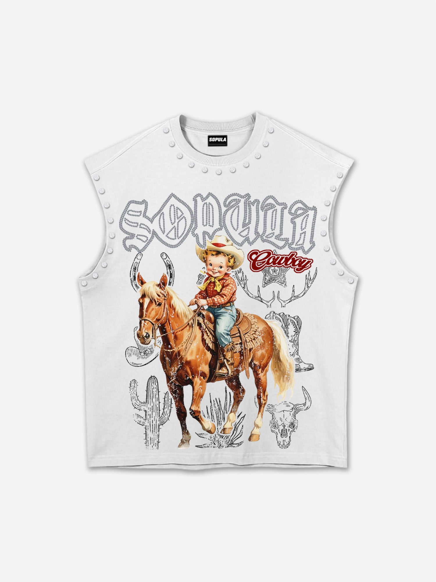 Cowboy Western Elements Retro Graphic Rhinestone Tank Top