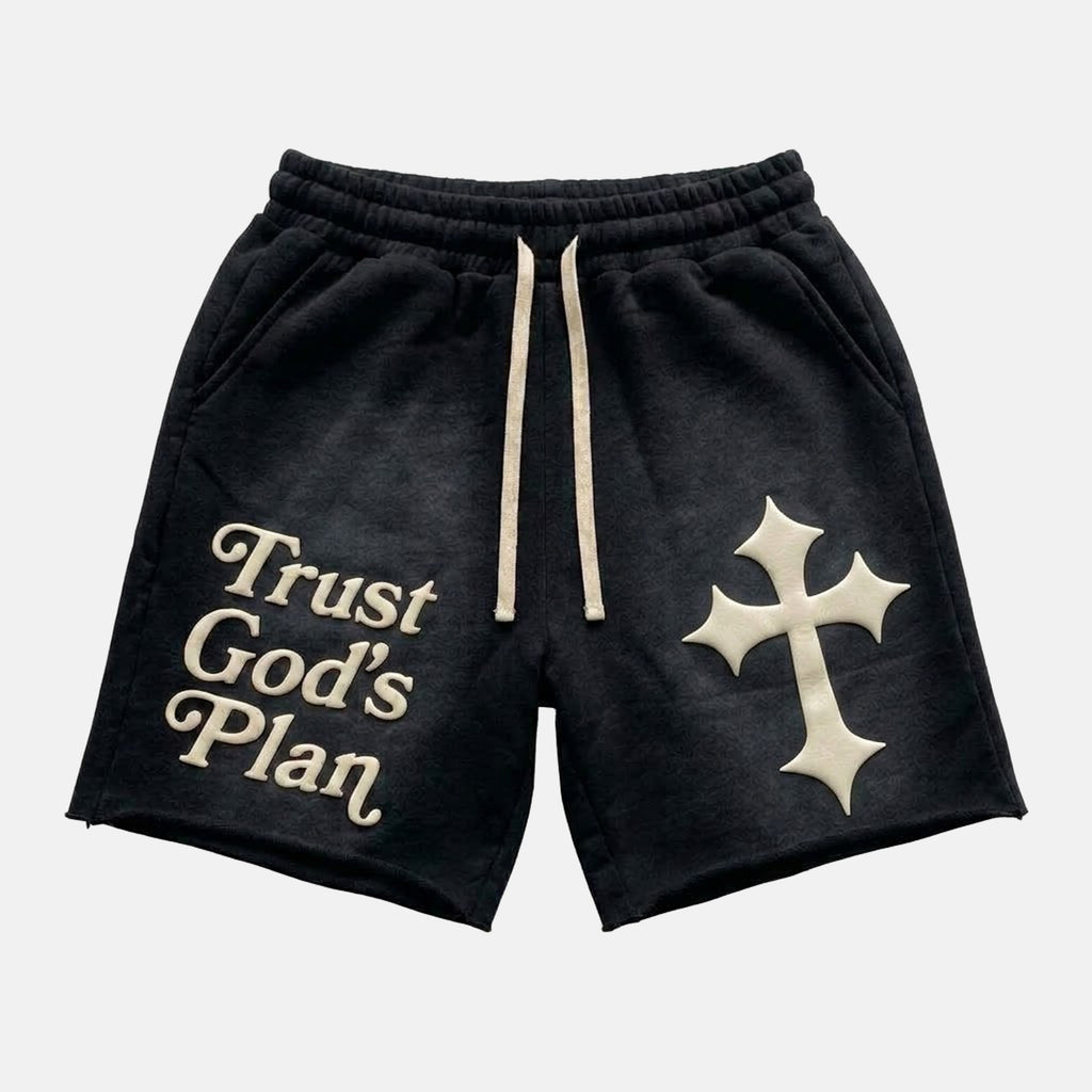 Trust God's Plan Foaming Process Graphic Washed Shorts