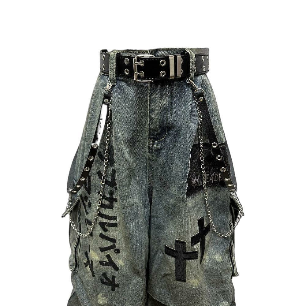Hip-Hop Gothic Cross-style Denim Capri Baggy Jeans
