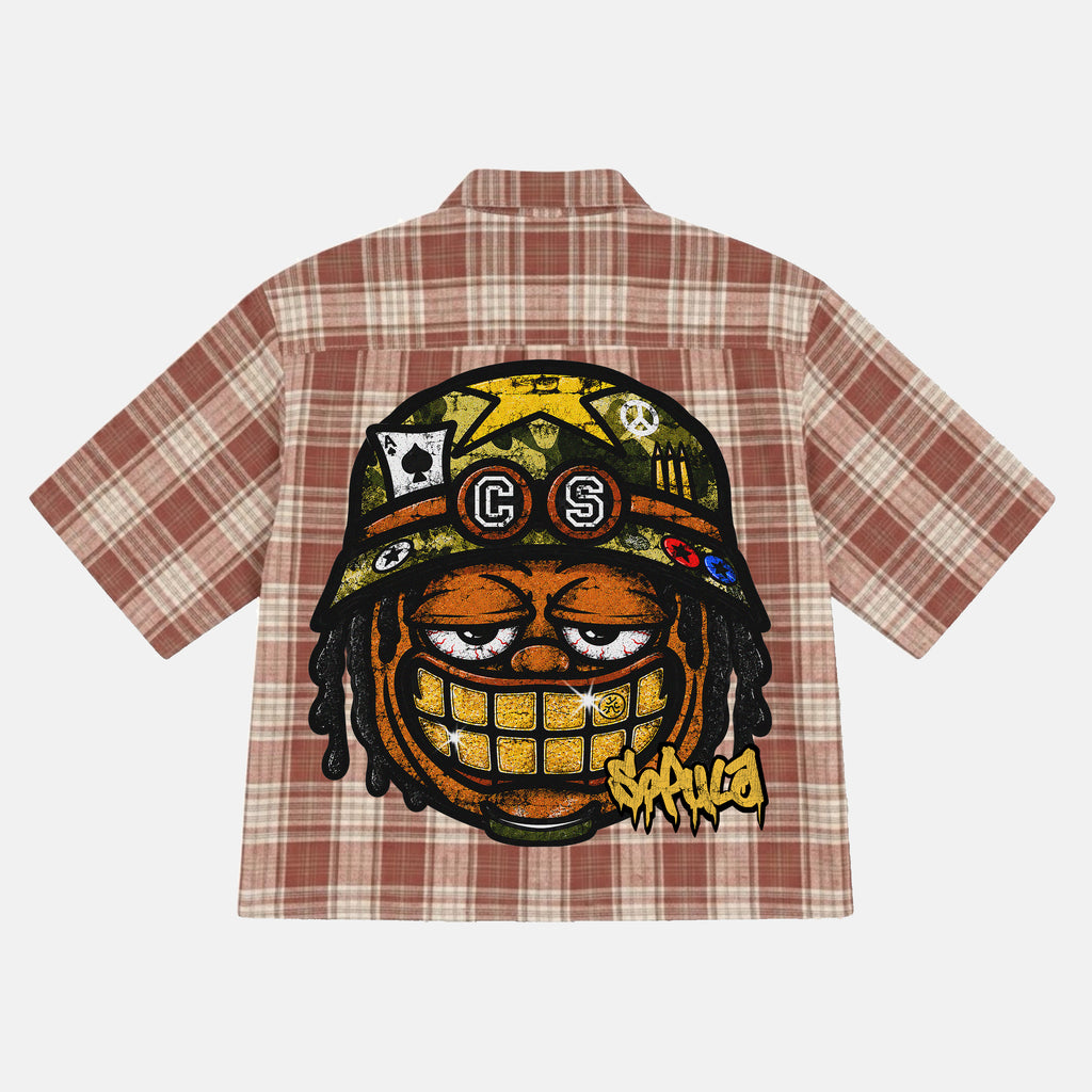 Graffiti Big Head Warrior Graphic Plaid Jacket Shirt