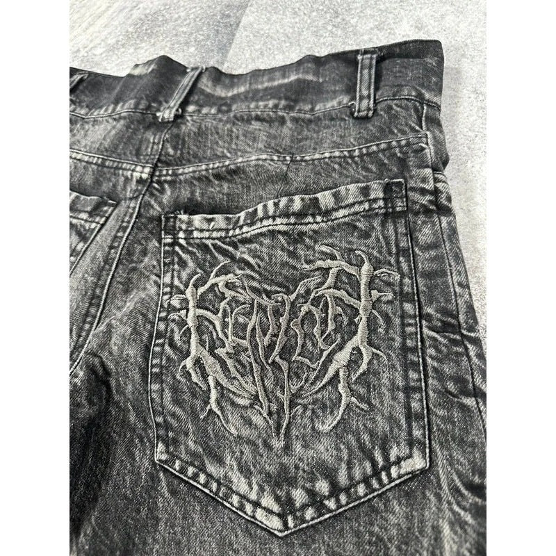 Retro Y2k Gothic Spider Embroidered Denim Shorts
