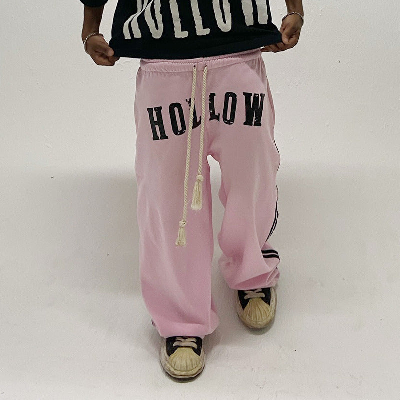 Retro Letter Print Trendy Drawstring Double Waist Sweatpants