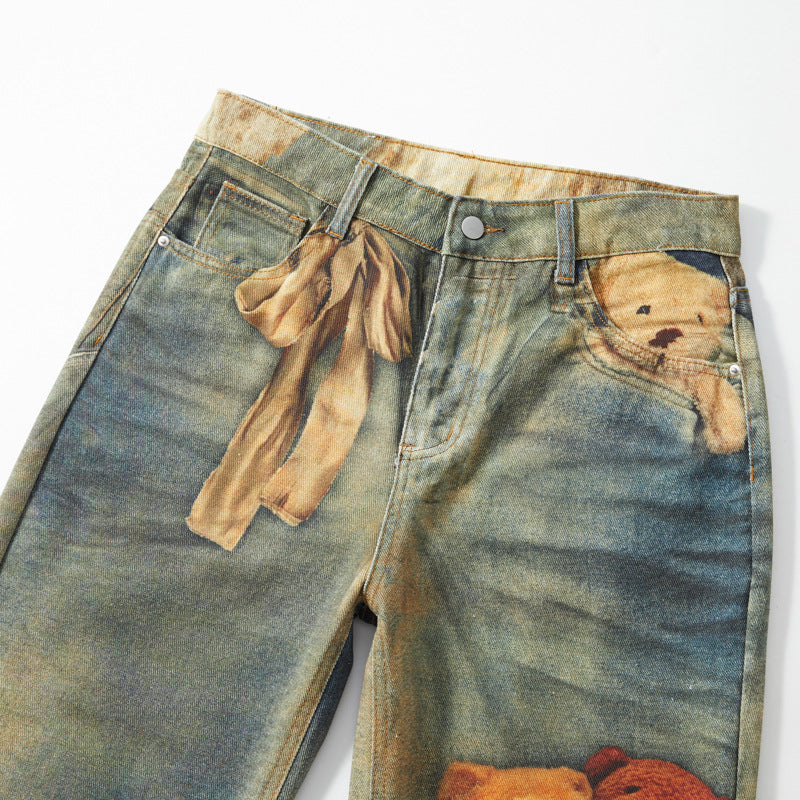 Retro Cute Bears Print Baggy Jeans