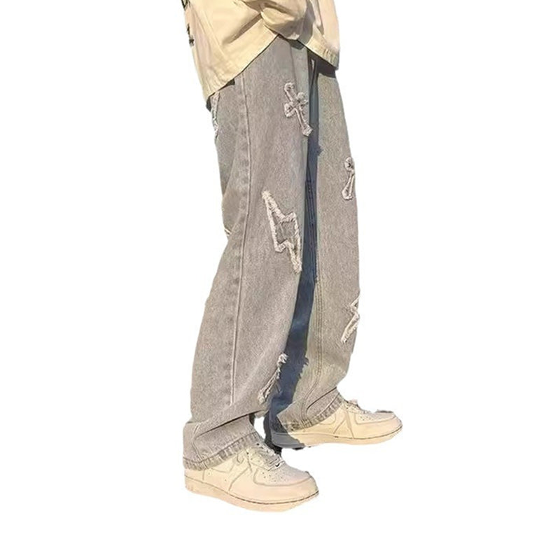 Men's Fashion Cross Lightning Patch Embroidered Street Jeans
