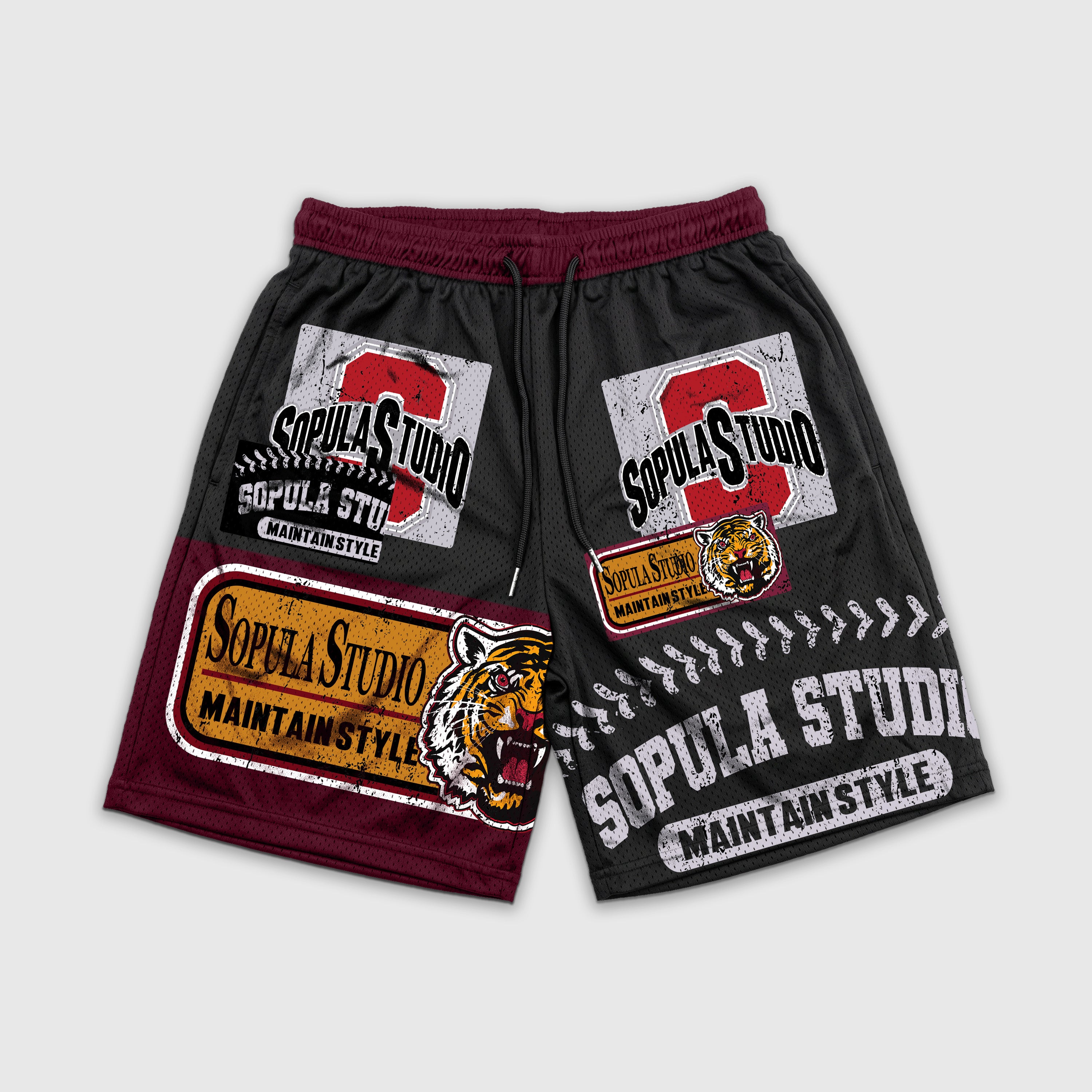 Sopula Retro Tiger Badge Graphic Athletic Mesh Shorts