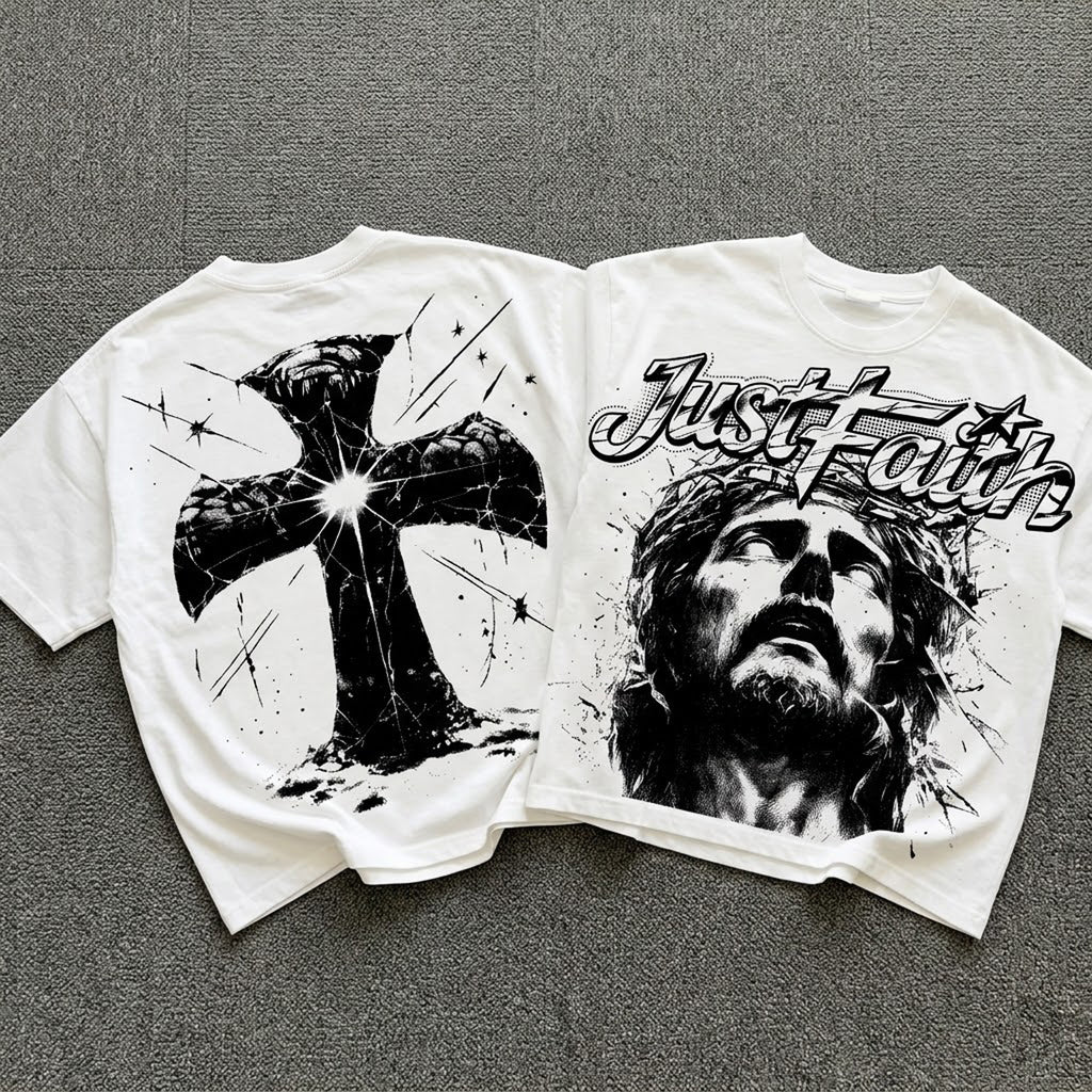 Portrait Of Jesus Just Faith Vintage Graphic Cotton T-shirt