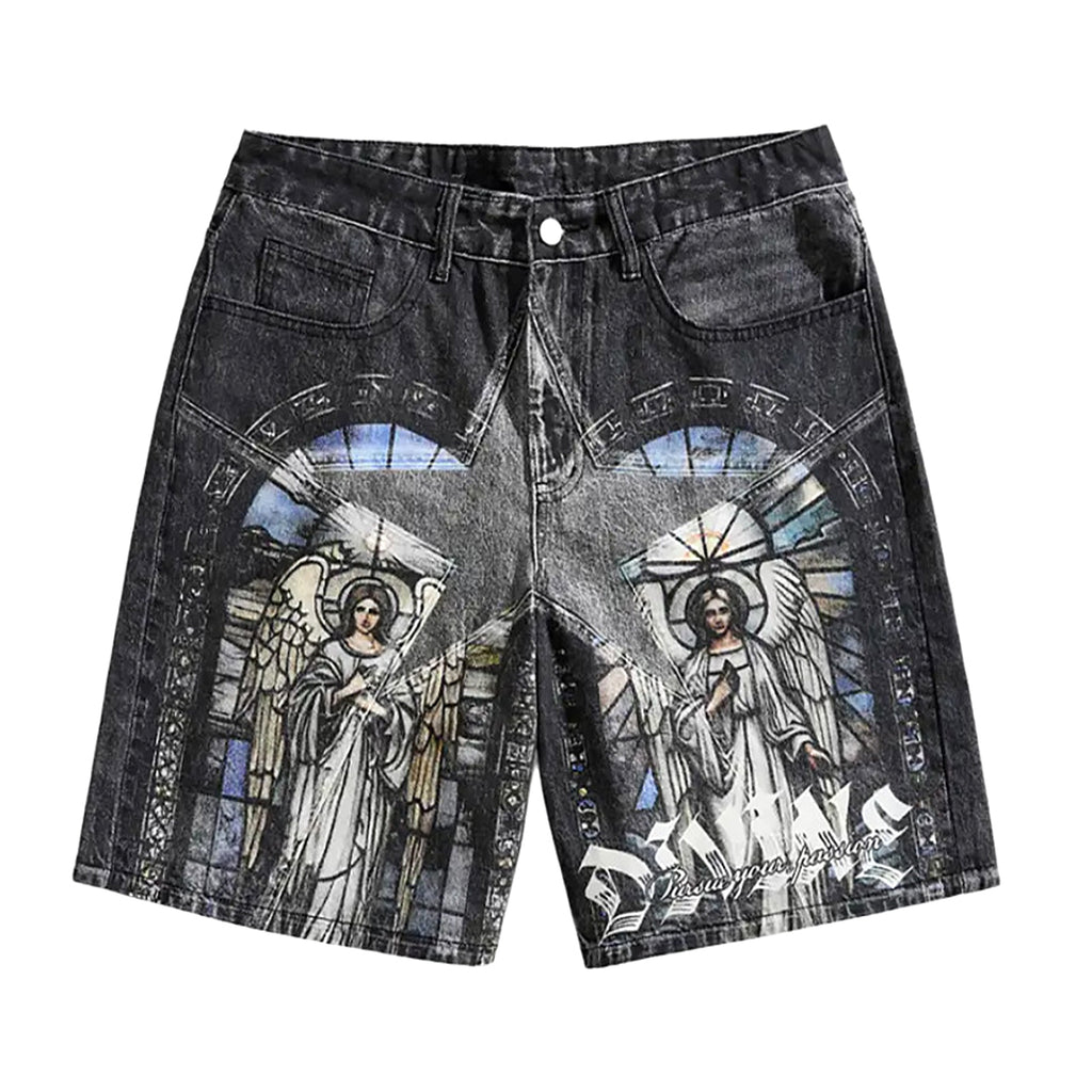 Retro Saint Mary Print Denim Shorts