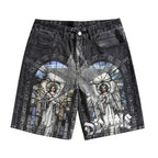 Retro Saint Mary Print Denim Shorts