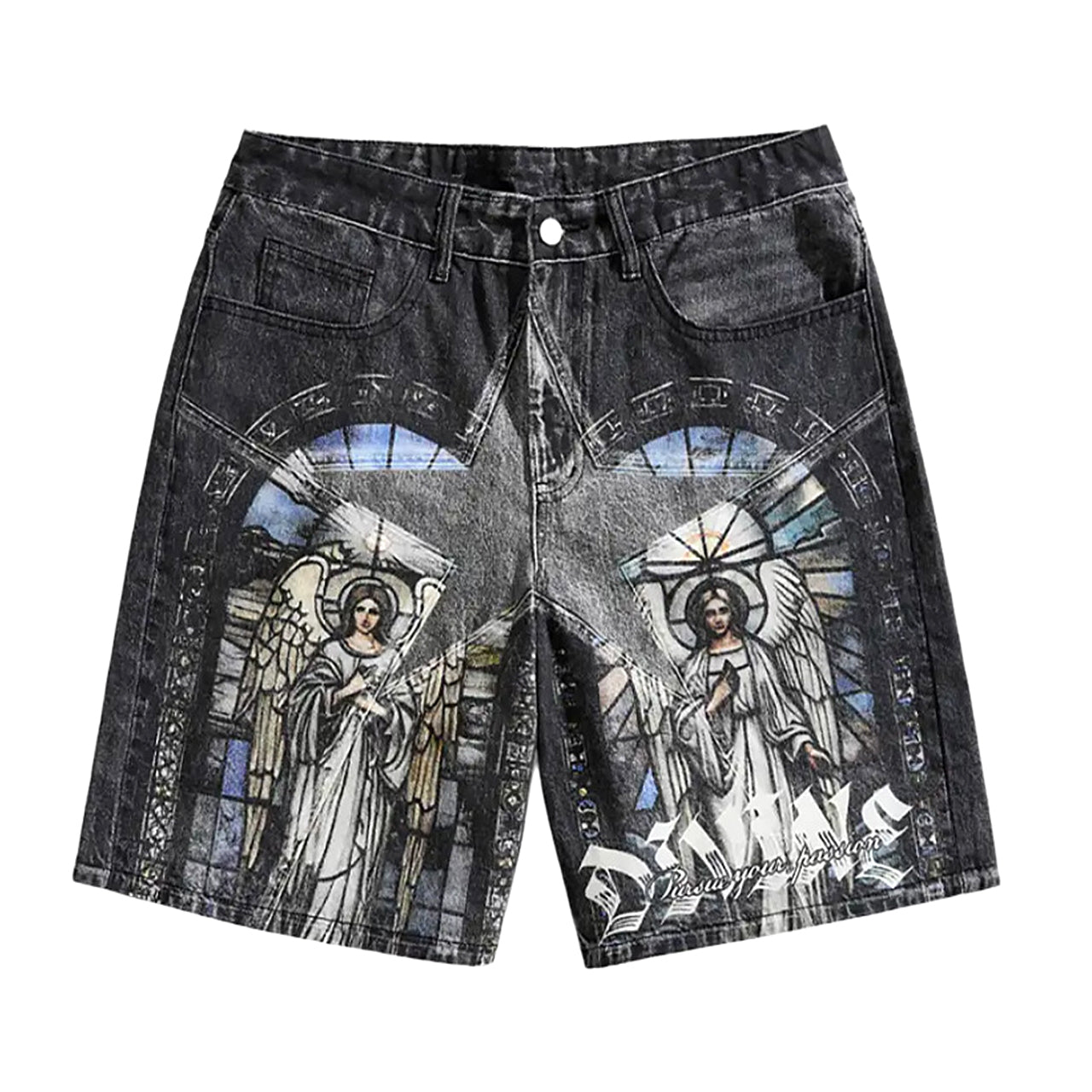 Retro Saint Mary Print Denim Shorts