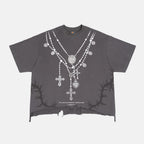 Y2k Layered Cross Rosary Necklace Print Graphic Crop Ripped T-shirt