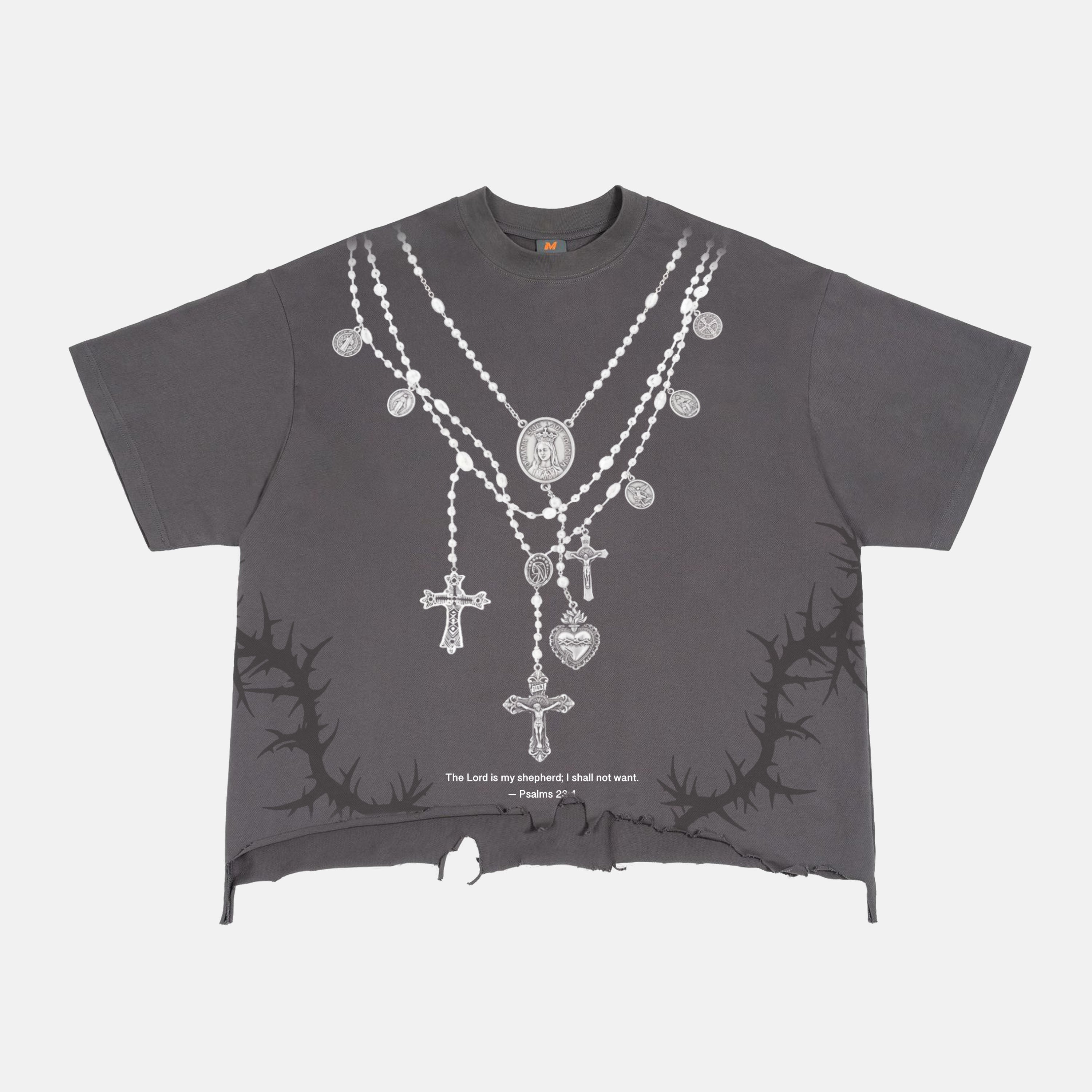 Y2k Layered Cross Rosary Necklace Print Graphic Crop Ripped T-shirt