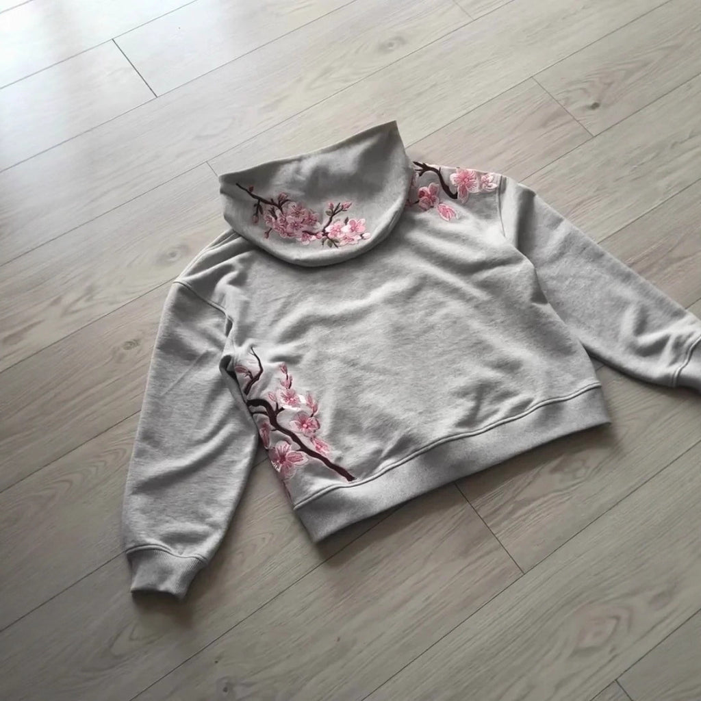 Harajuku Retro Cherry Blossom Embroidery Personalized Zipper Hoodie