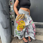 Vertabrae Casual Graffiti Print Streetwear Hip Hop Smiley Face Cotton Shorts