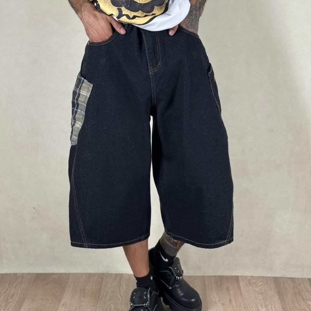 Streetwear Plaid Patchwork Loose Denim Shorts