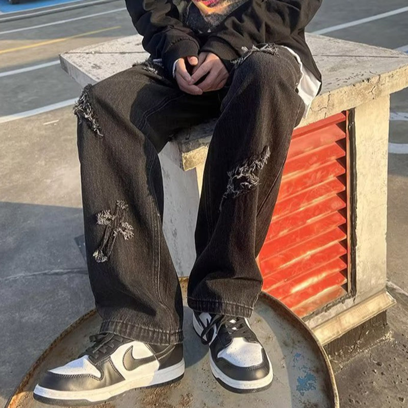 Men's Fashion Cross Lightning Patch Embroidered Street Jeans
