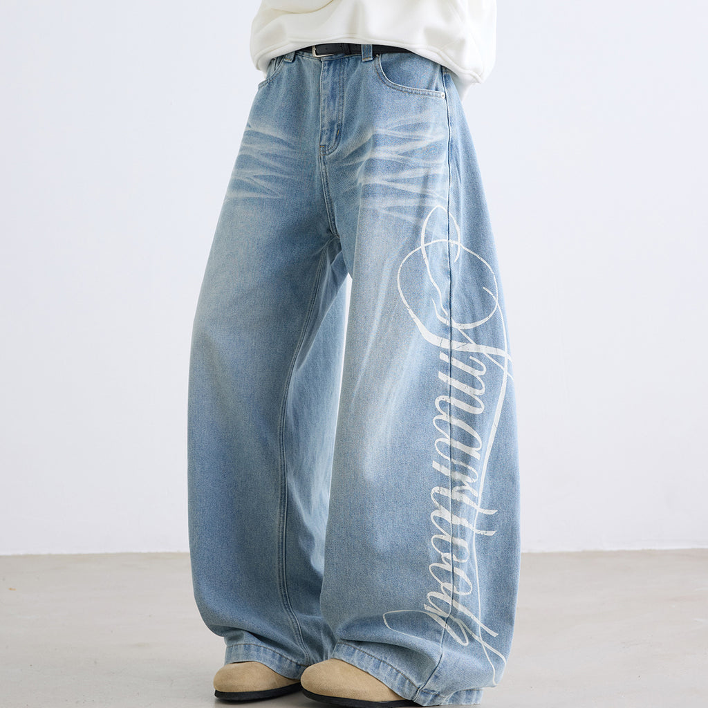 Retro Letter High Street Scimitar Stitching Wide  Jeans