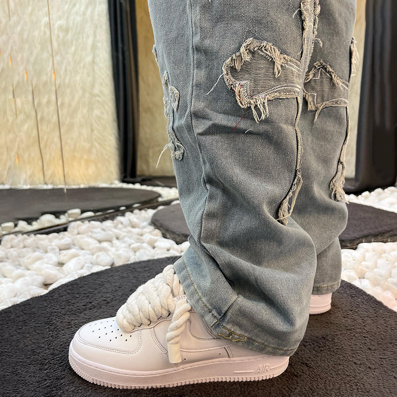 Denim Embroidery Cross Patch Street Jeans