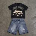 First Sunday Faith Graphic Acid Washed T-shirt & Distressed Cross Appliqué Denim Shorts Set