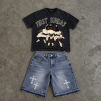 First Sunday Faith Graphic Acid Washed T-shirt & Distressed Cross Appliqué Denim Shorts Set
