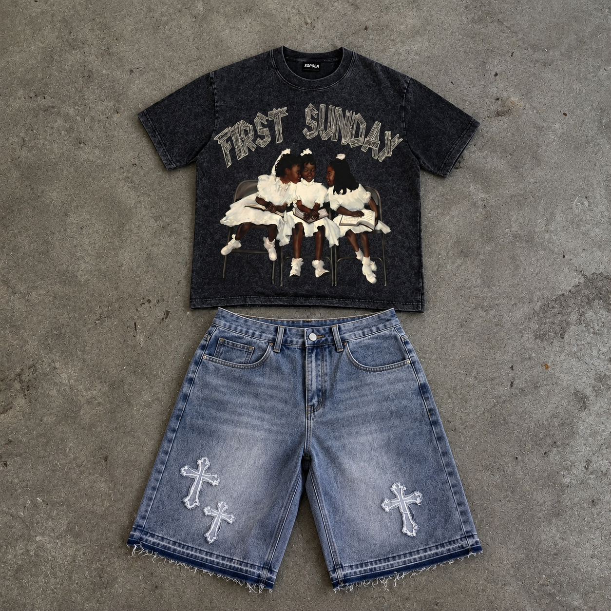 First Sunday Faith Graphic Acid Washed T-shirt & Distressed Cross Appliqué Denim Shorts Set