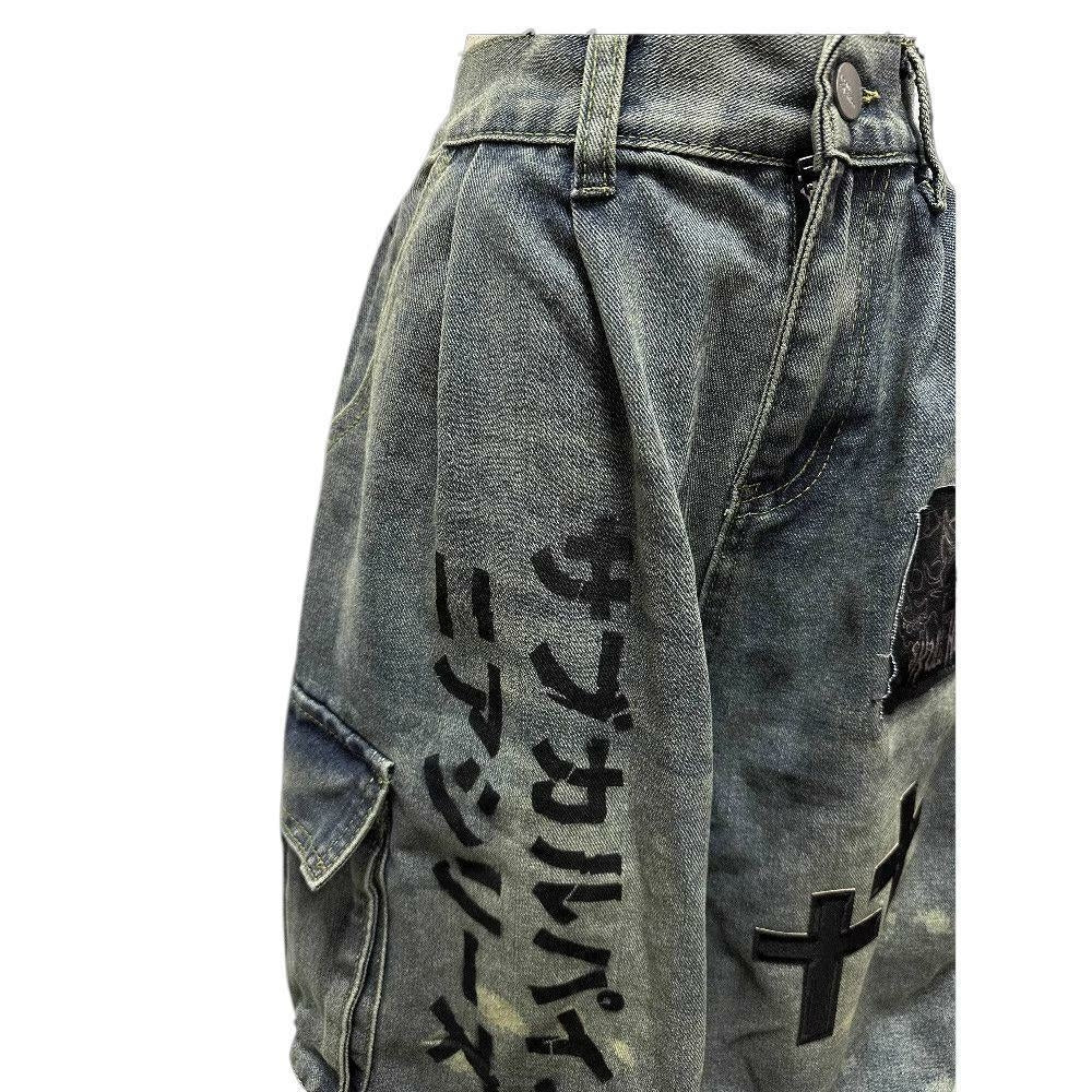 Hip-Hop Gothic Cross-style Denim Capri Baggy Jeans