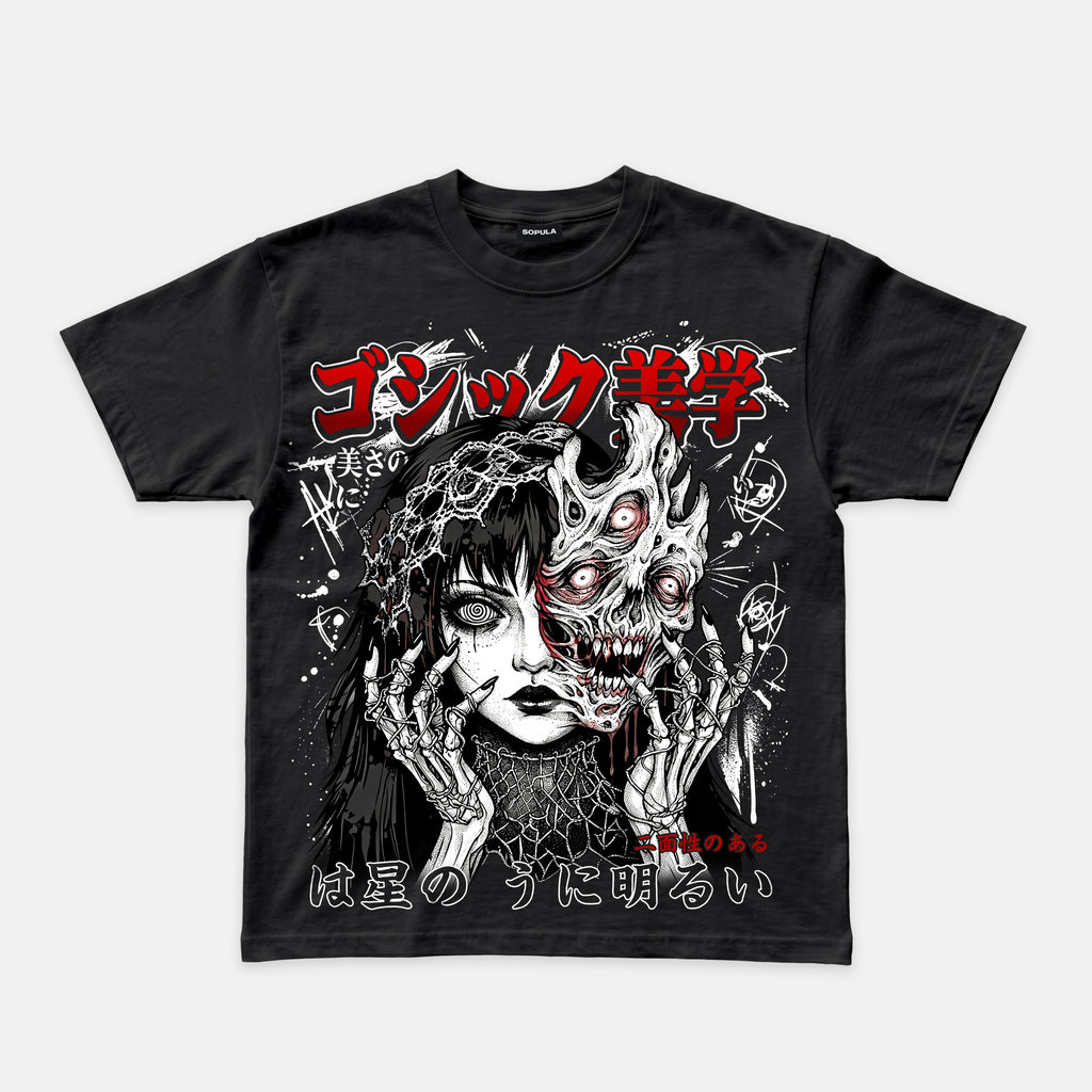 Japanese Gothic Double Sided Skull Girl Graphic T-shirt