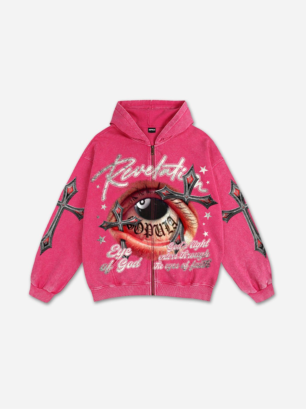 Black No. 8 Cross Vintage Eyes Graphic Washed Oversized Zip Up Hoodie