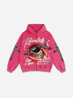 Black No. 8 Cross Vintage Eyes Graphic Washed Oversized Zip Up Hoodie