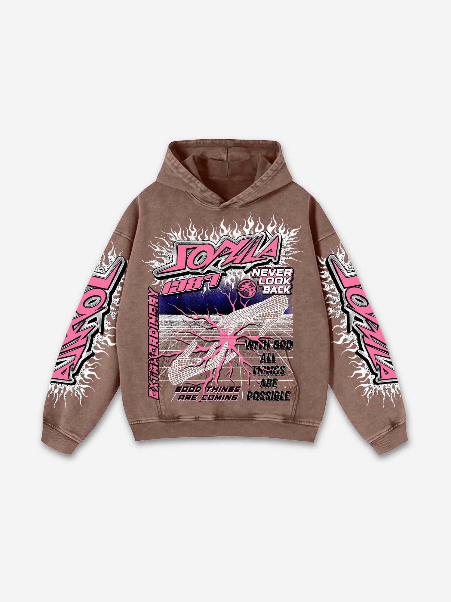 Flame Font Network Connection Vintage Graphic Washed Hoodie