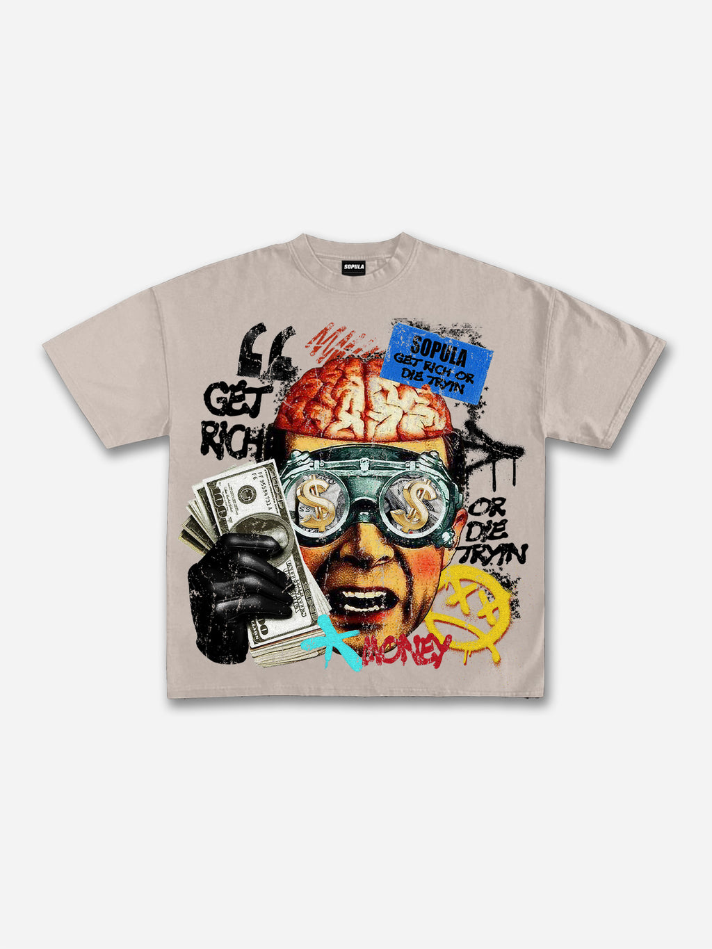 Vintage Get Rich Money Portrait Print Cotton T-shirt