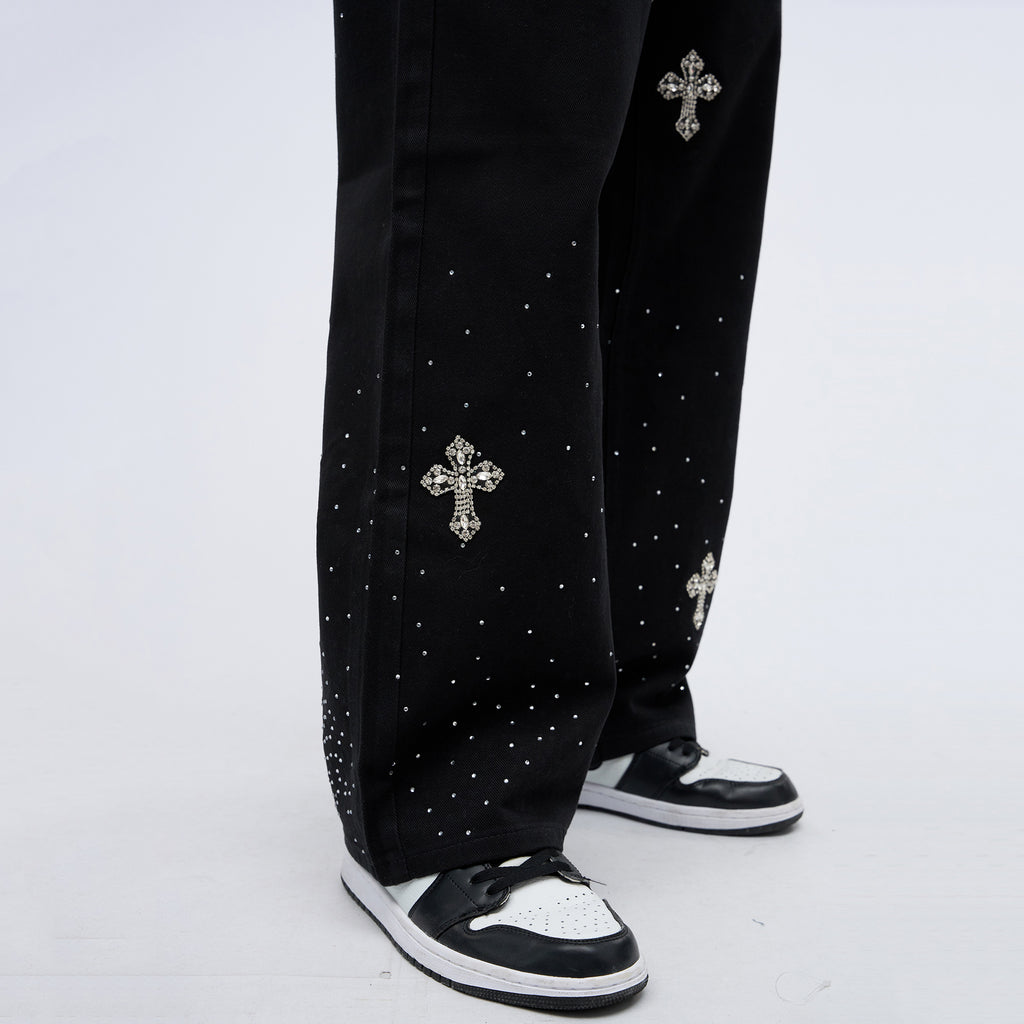 Cross Rhinestones Fit Denim Baggy Jeans